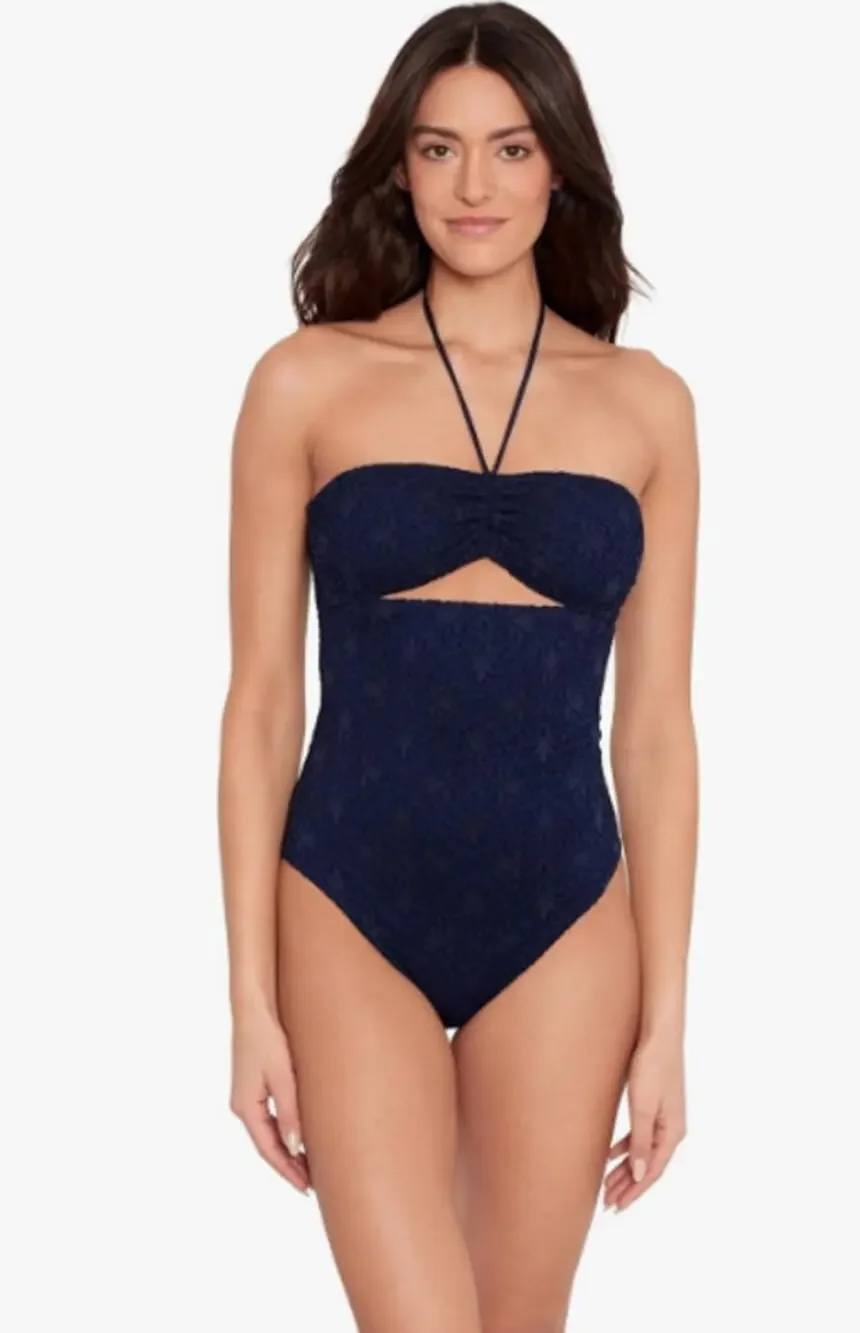 LAUREN RALPH LAUREN One Piece Swimsuit Size 12 Navy Blue Crochet Bandeau NWT